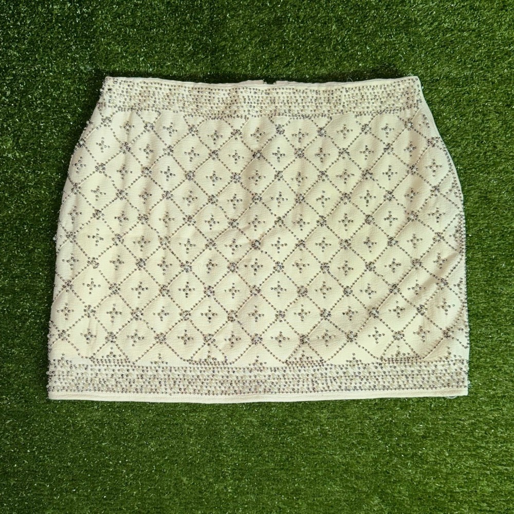 Endless Rose Cream Pearl Studded Diamond Quilted Mini Skirt Womens Medium Ivory